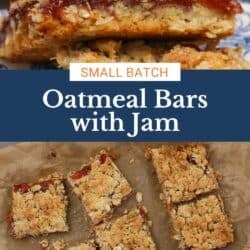 two jam-filled oatmeal bars on a blue plate.