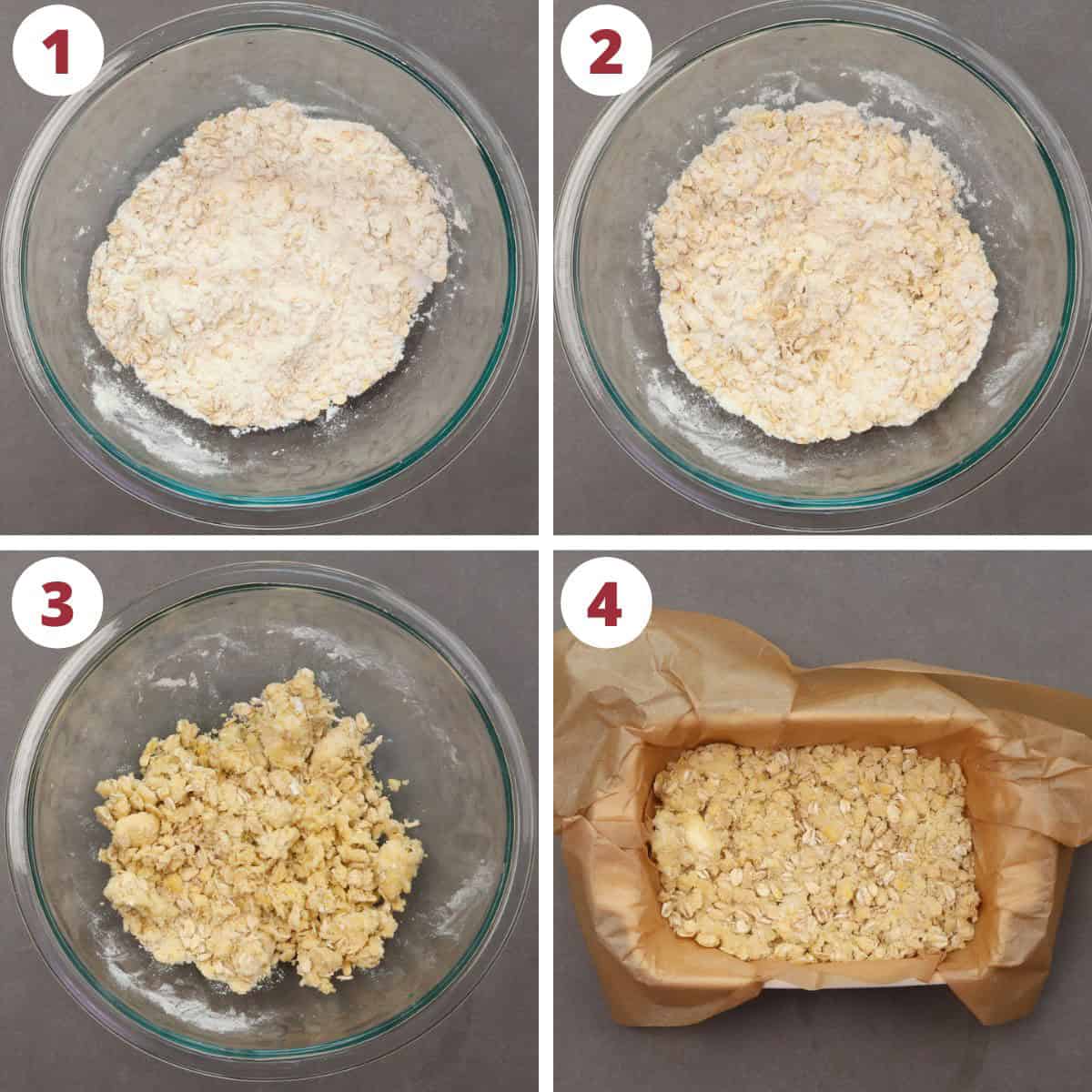 four photos showing how to make the crust and streusel topping for oat bars.