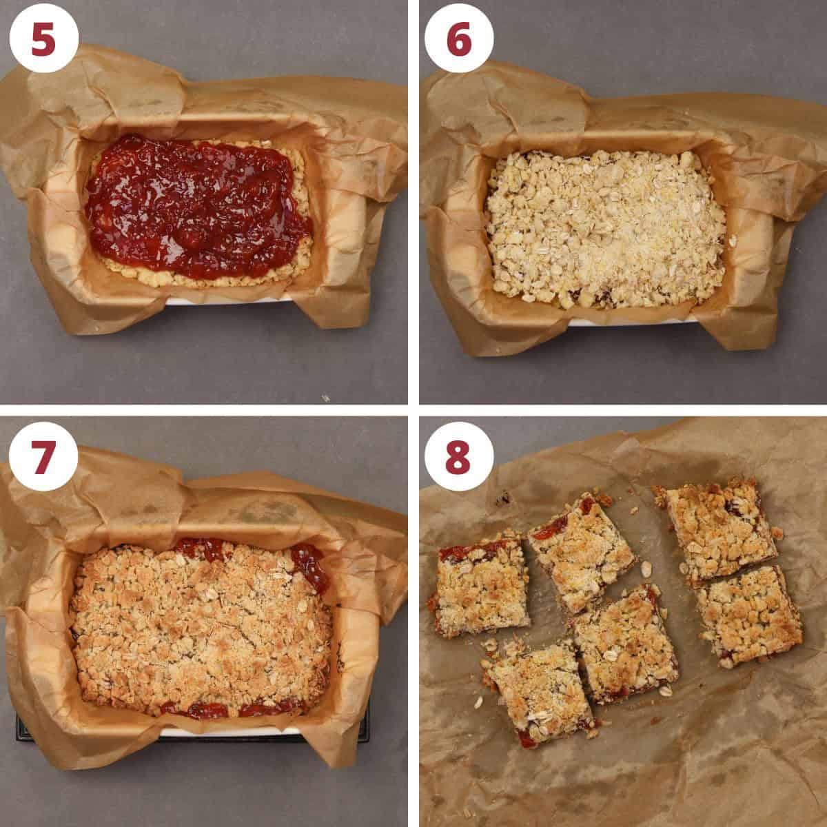 four photos showing how to make oatmeal bars with jam filling.