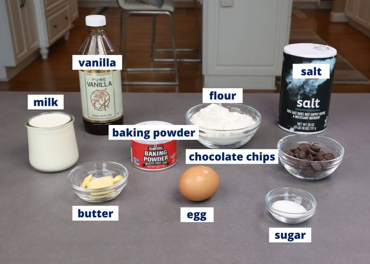 chocolate chip pancakes ingredients on a kitchen counter.