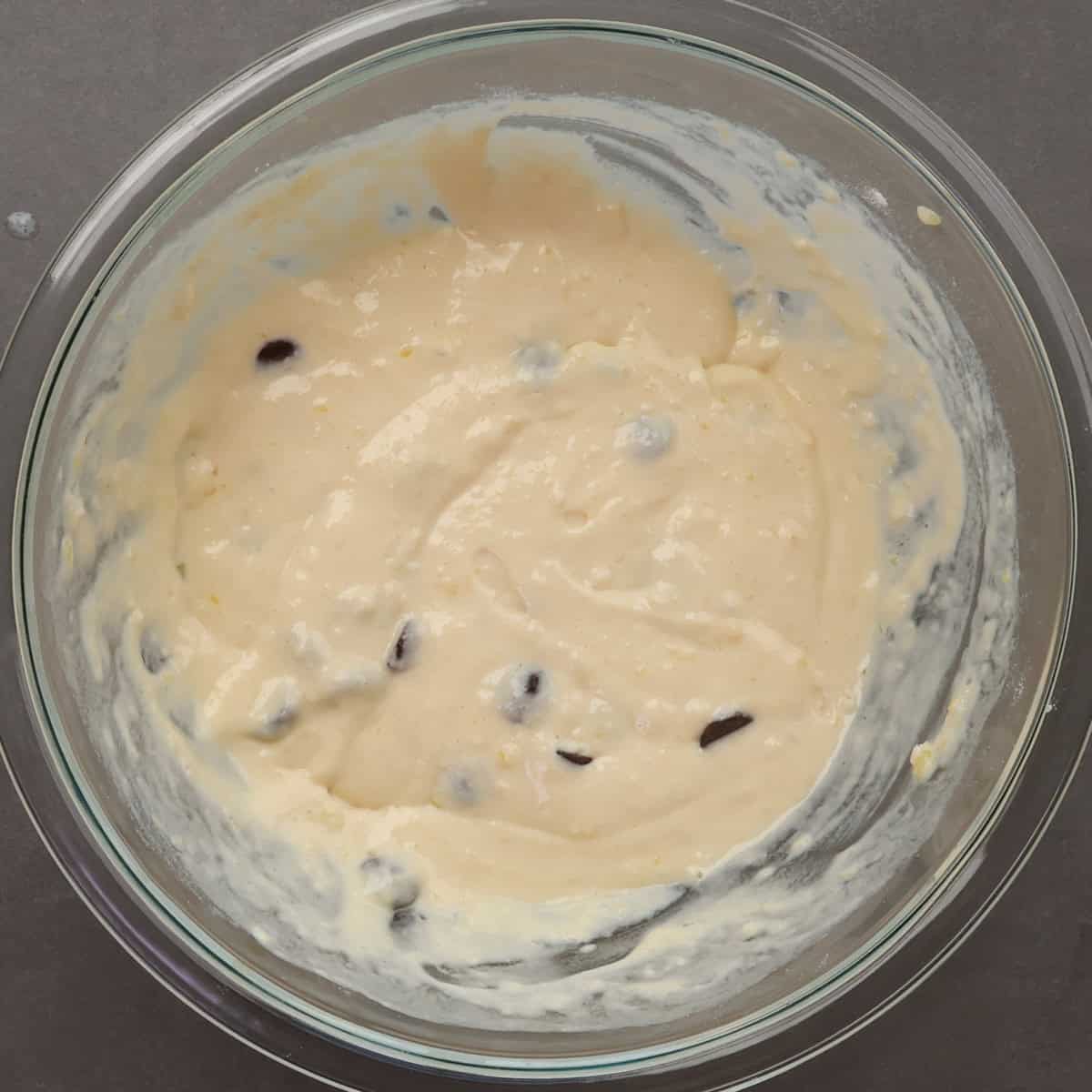 chocolate chip pancake batter in a mixing bowl.