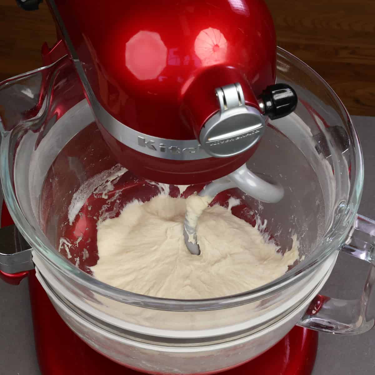 french bread dinner roll dough in a stand mixer.