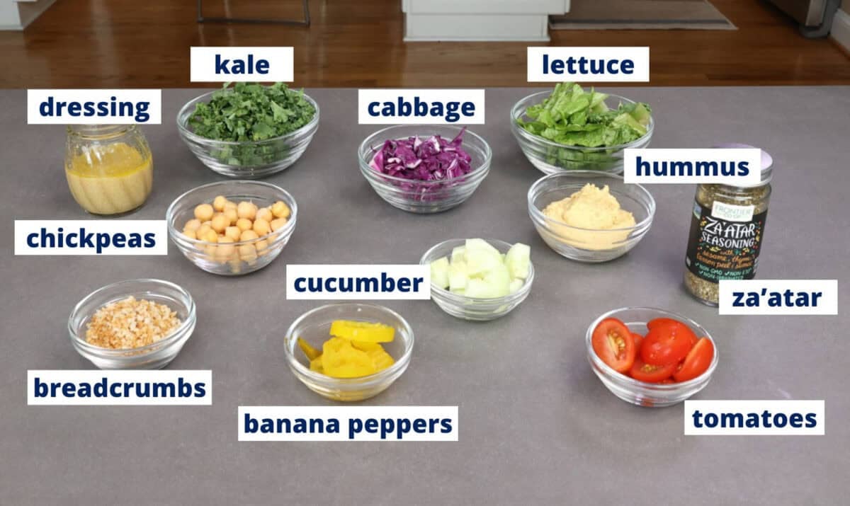 ingredients in hummus crunch salad on a kitchen counter.