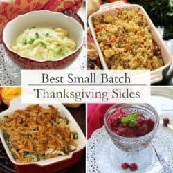 A variety of small batch Thanksgiving side dishes, perfect for one or two, on a festive holiday table.