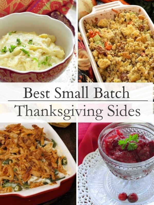A variety of small batch Thanksgiving side dishes, perfect for one or two, on a festive holiday table.
