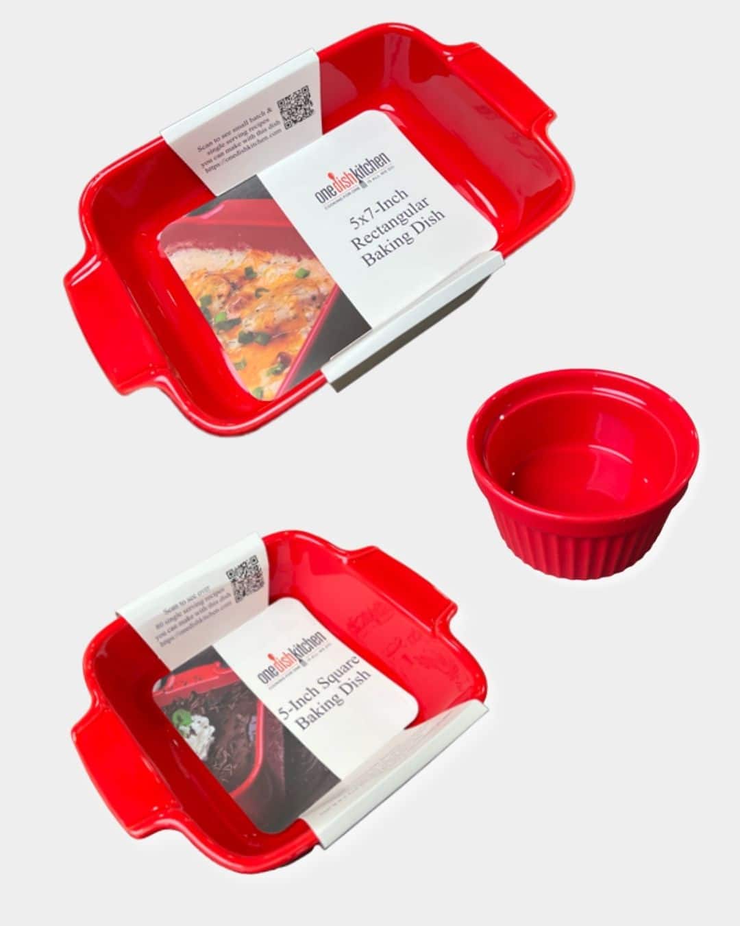 a red square and rectangle baking dishes with a red ramekin.