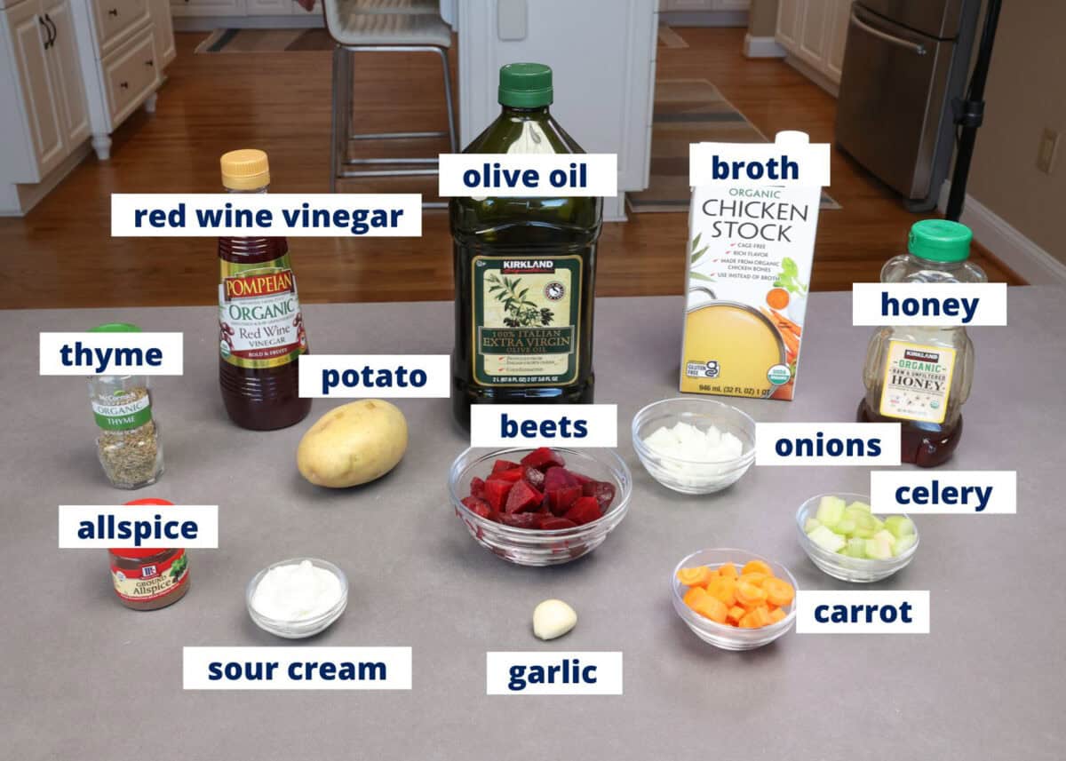 borscht ingredients on a kitchen counter.