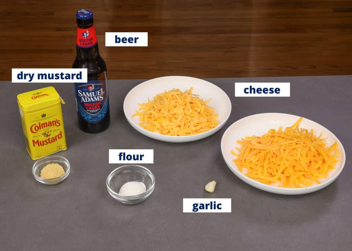 ingredients in ploughman's fondue on a kitchen table.