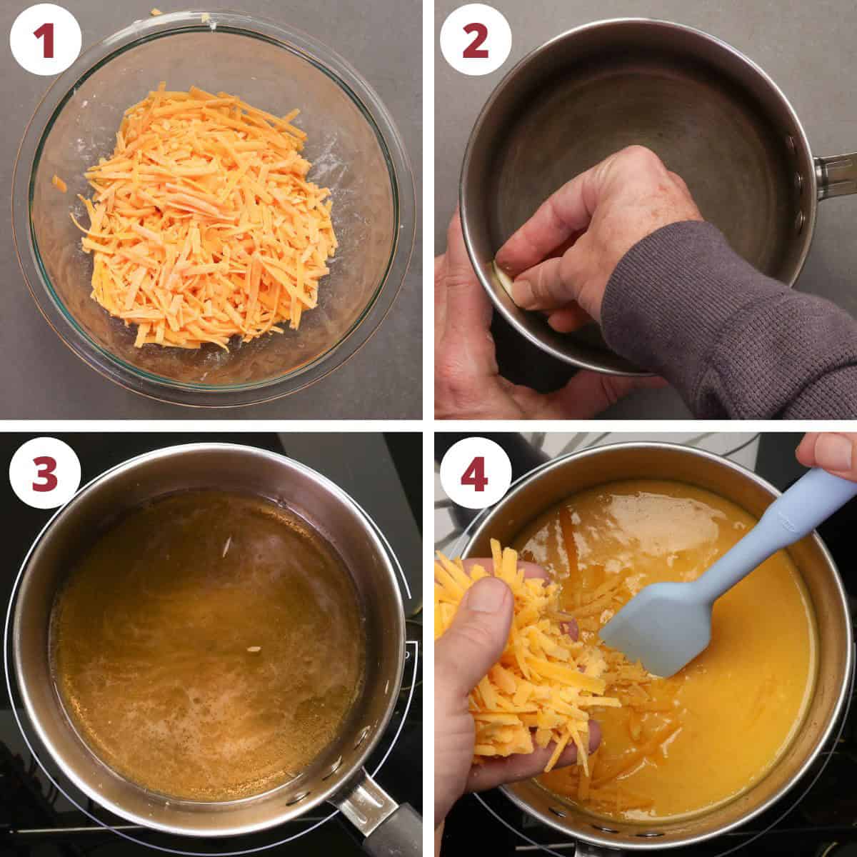 four photos showing how to make cheese fondue in a small saucepan.