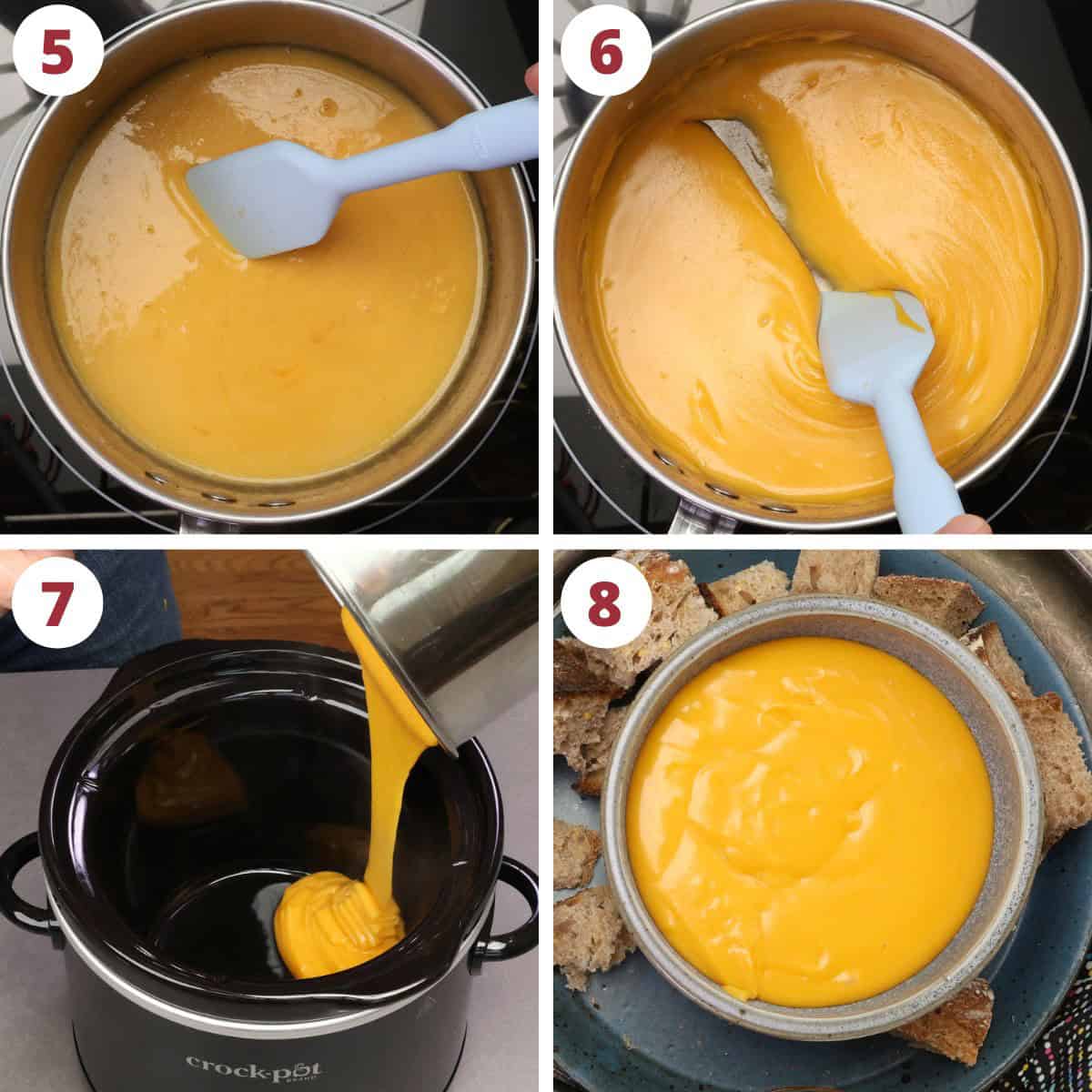 melted cheese in a small saucepan for fondue.
