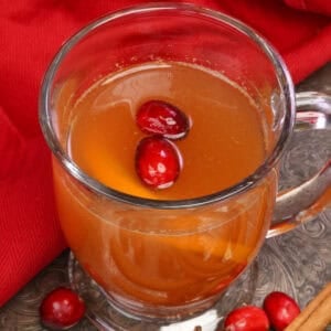 a mug of hot mulled cider with cranberries, oranges, cinnamon and star anise.