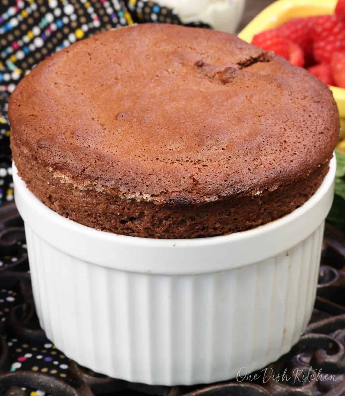 chocolate soufflé for one baked in a ramekin with a tall rise.