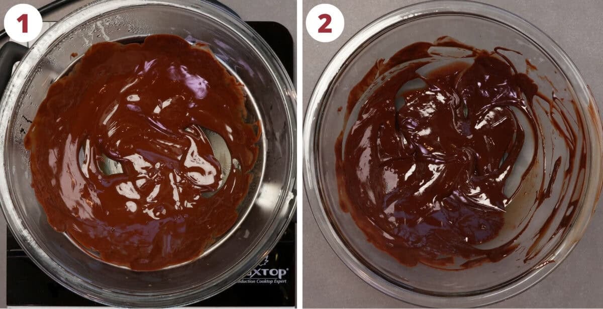 melted chocolate, egg yolk, and vanilla in bowls for making chocolate soufflé.