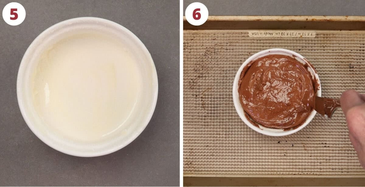 unbaked chocolate soufflé batter in a prepared ramekin.