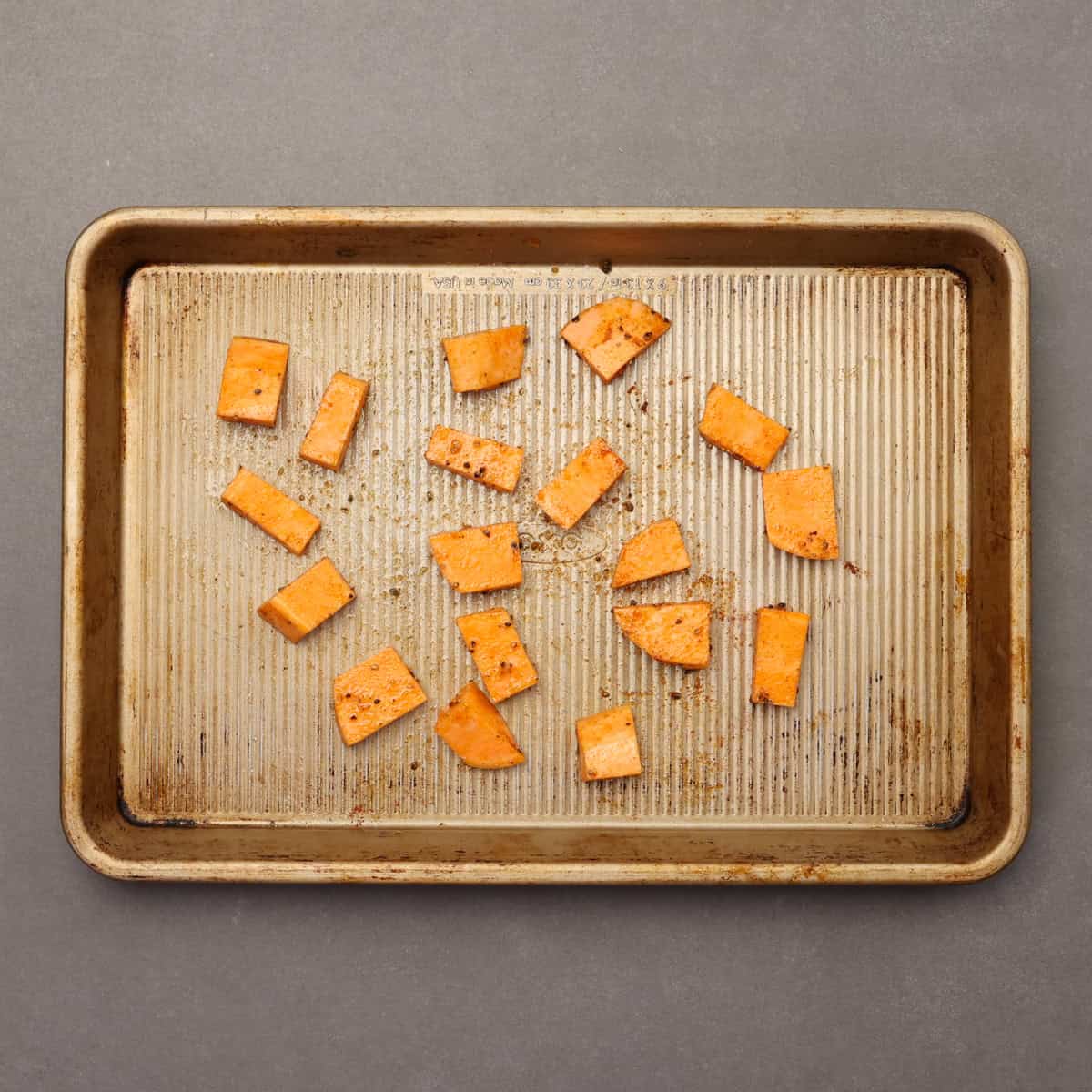 roasted sweet potatoes on a baking sheet.