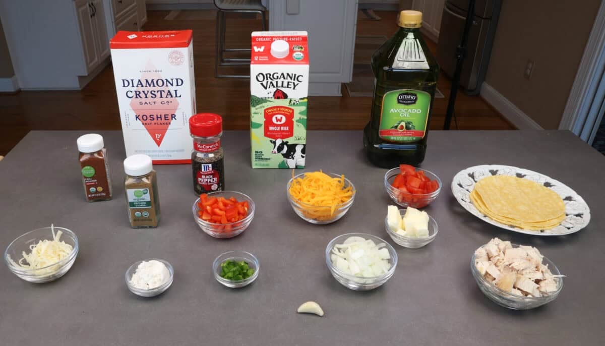 king ranch chicken casserole ingredients on a kitchen counter.