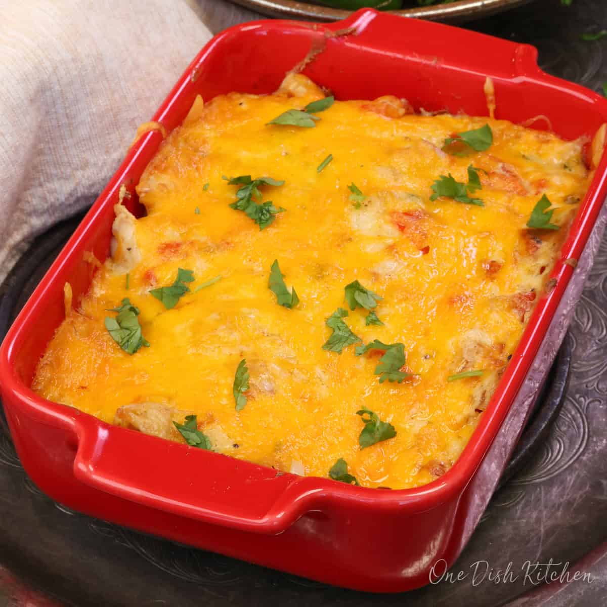 a small batch king ranch chicken casserole topped with chopped cilantro.