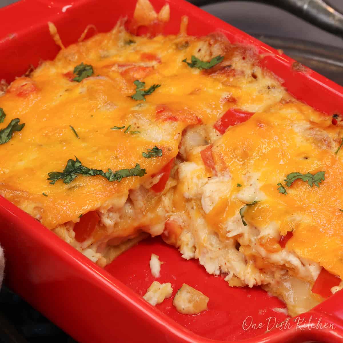a partially eaten king ranch chicken casserole.