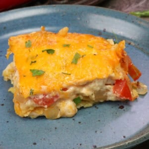 a small batch king ranch chicken casserole on a blue plate.