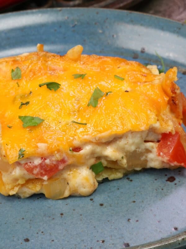 a small batch king ranch chicken casserole on a blue plate.