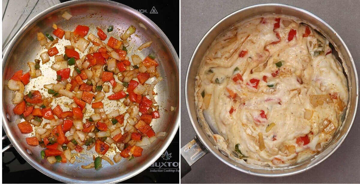 homemade mornay sauce with vegetables in a saucepan.