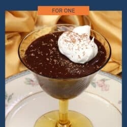 Chocolate pot de crème for one served in a dessert dish topped with whipped cream.