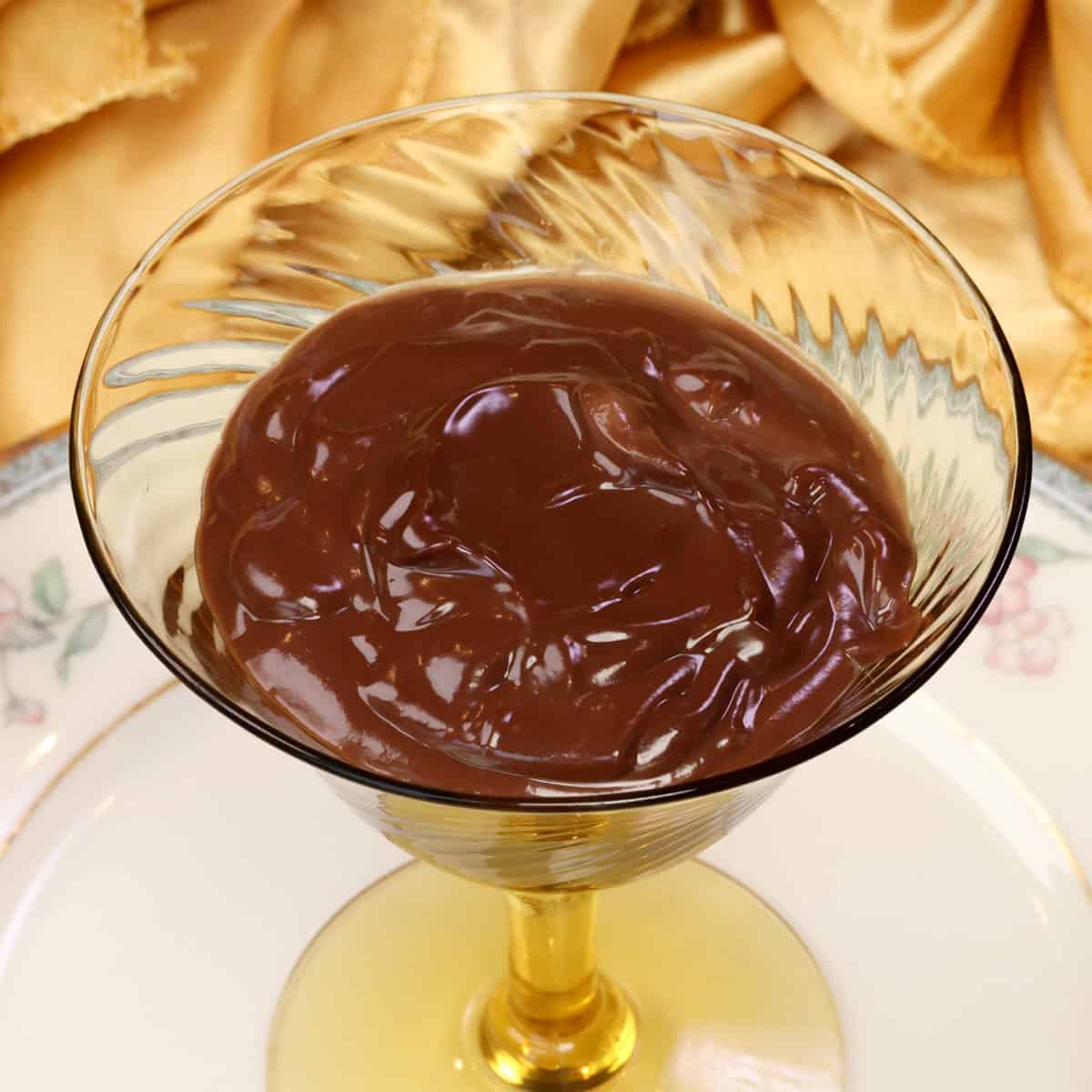 Chocolate custard in a dessert dish ready to chill in the refrigerator.