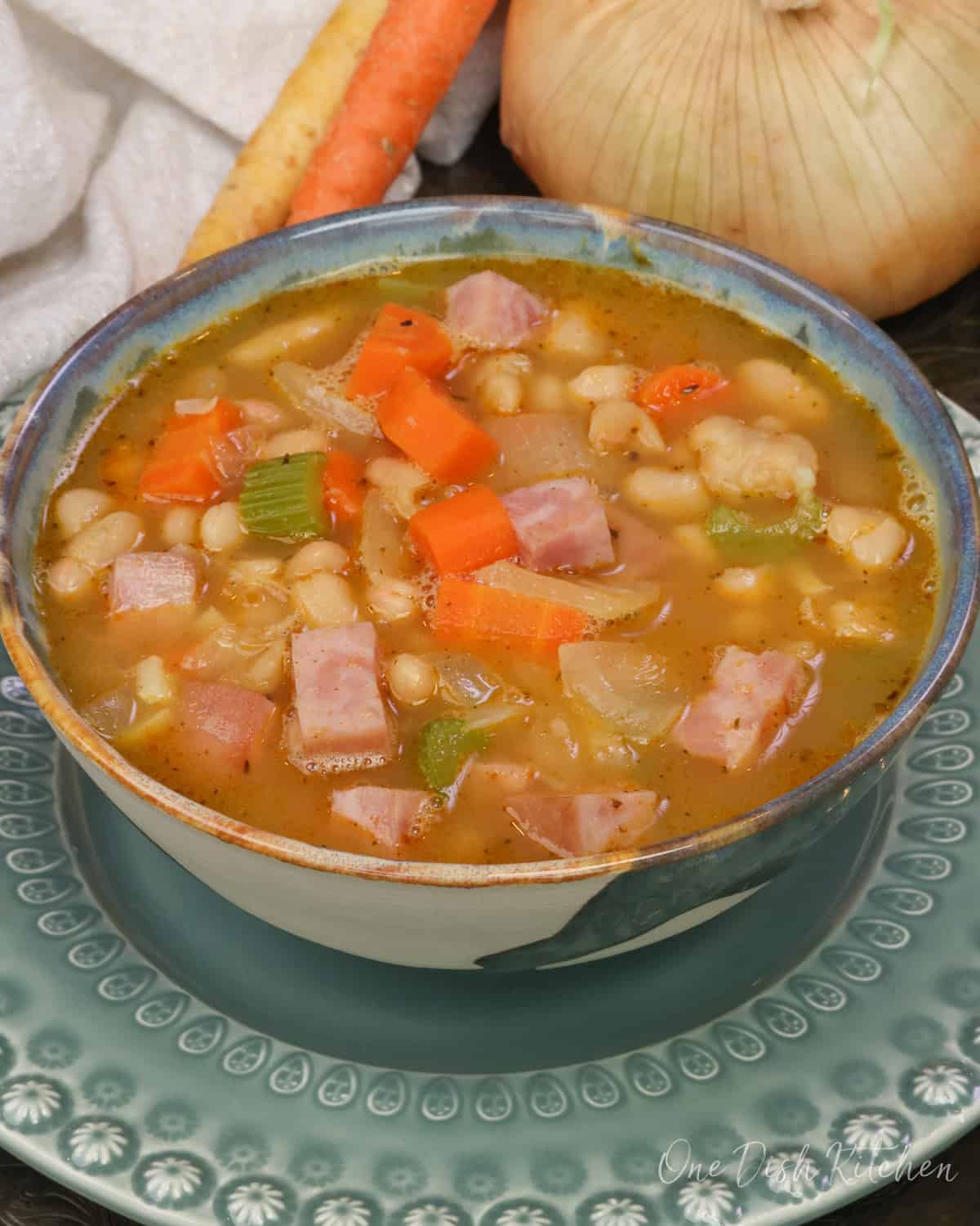 a single serving ham and bean soup made with canned beans.