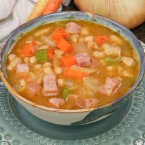a single serve ham and bean soup made with canned beans.