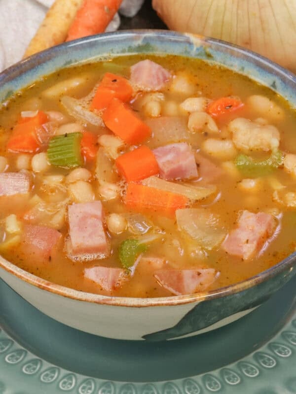a single serve ham and bean soup made with canned beans.