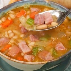 a single serving of ham and bean soup in a bowl.