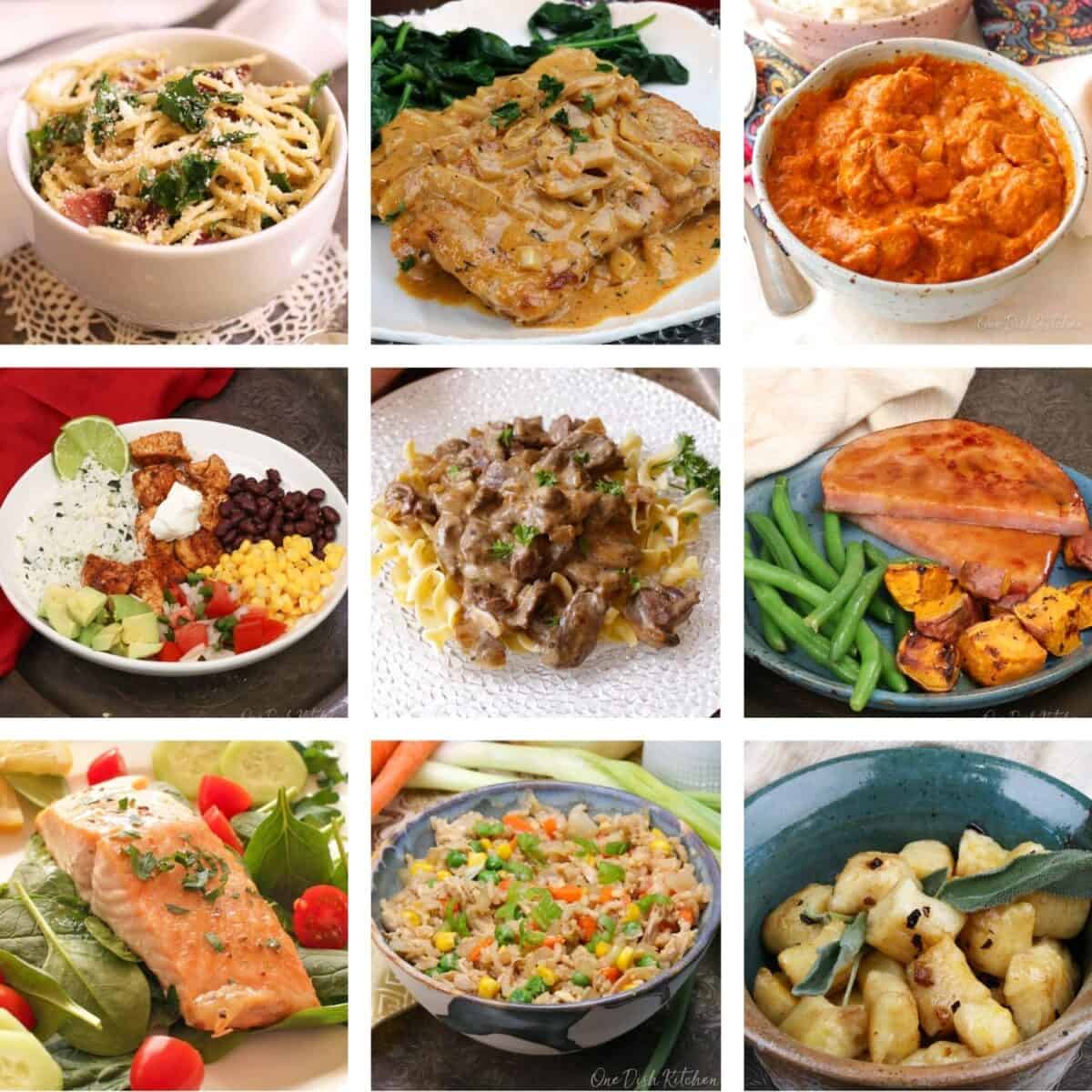 recipe image collage promoting 35 dinner ideas for one show 9 recipe images.