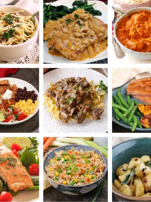 recipe image collage promoting 35 dinner ideas for one show 9 recipe images.