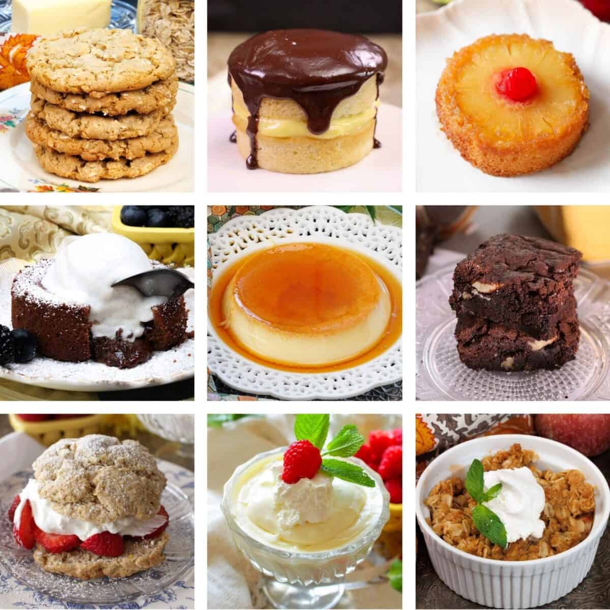 Nine single serving dessert recipes from One Dish Kitchen, including strawberry shortcake, pineapple upside down cake, oatmeal cookies, apple crisp, brownies, and vanilla pudding.