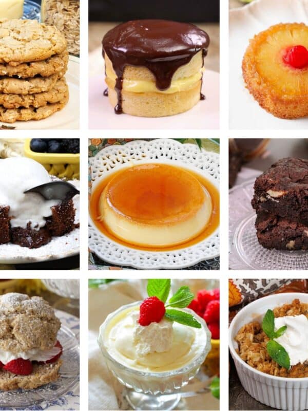 Nine single serving dessert recipes from One Dish Kitchen, including strawberry shortcake, pineapple upside down cake, oatmeal cookies, apple crisp, brownies, and vanilla pudding.