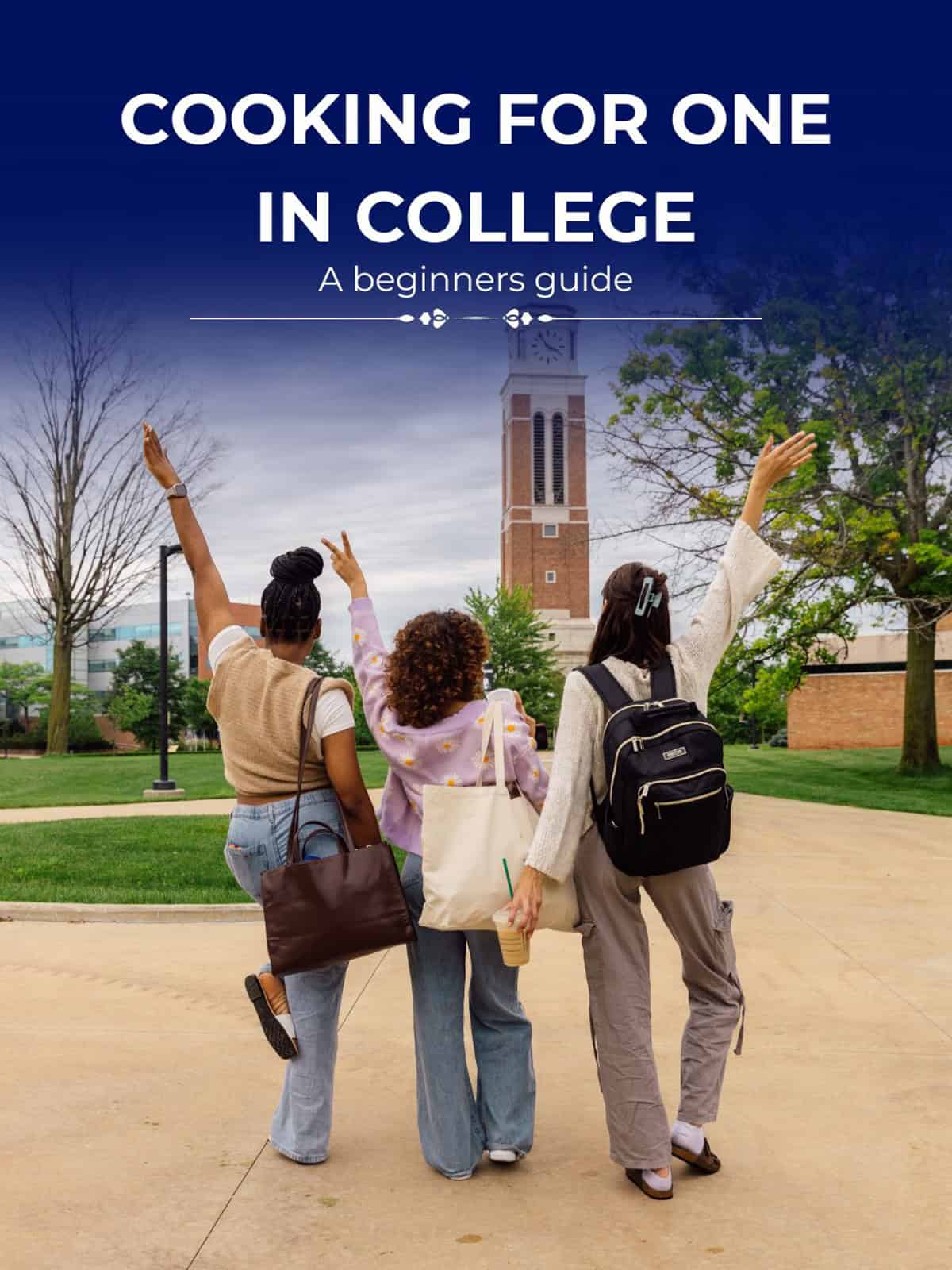 three college students in front of their dorm.